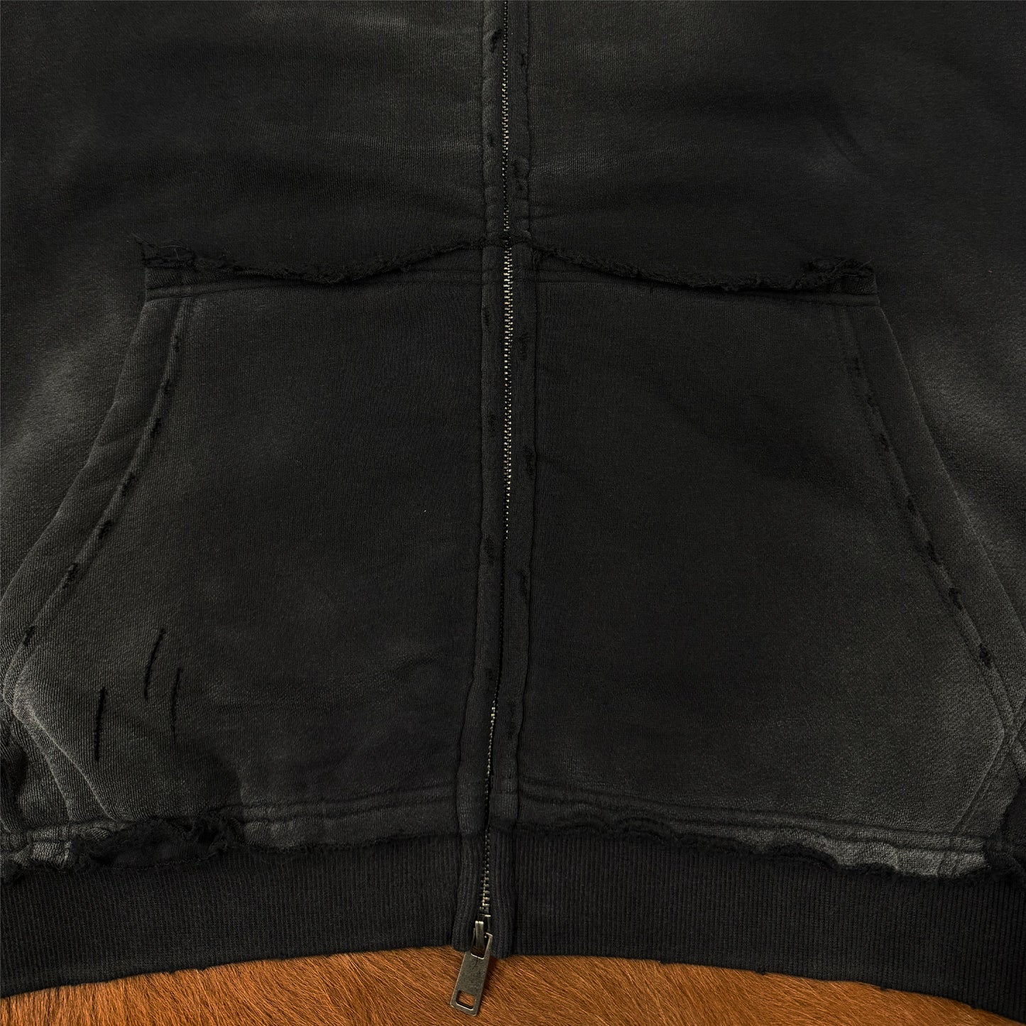 Raw Edge Distress Full-Zip Hoodie
