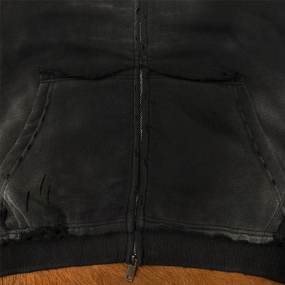 Raw Edge Distress Full-Zip Hoodie