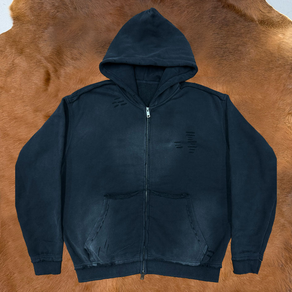 Raw Edge Distress Full-Zip Hoodie