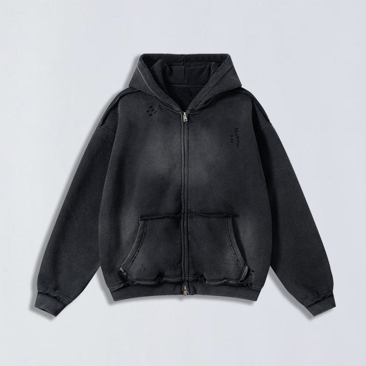 400g Raw edge distress full-zip hoodie