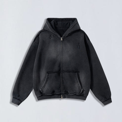 400g Raw edge distress full-zip hoodie