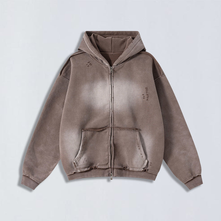 400g Raw edge distress full-zip hoodie