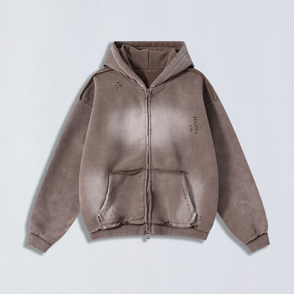 400g Raw edge distress full-zip hoodie