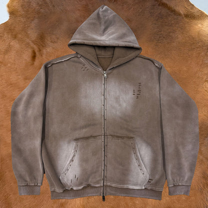 Raw Edge Distress Full-Zip Hoodie