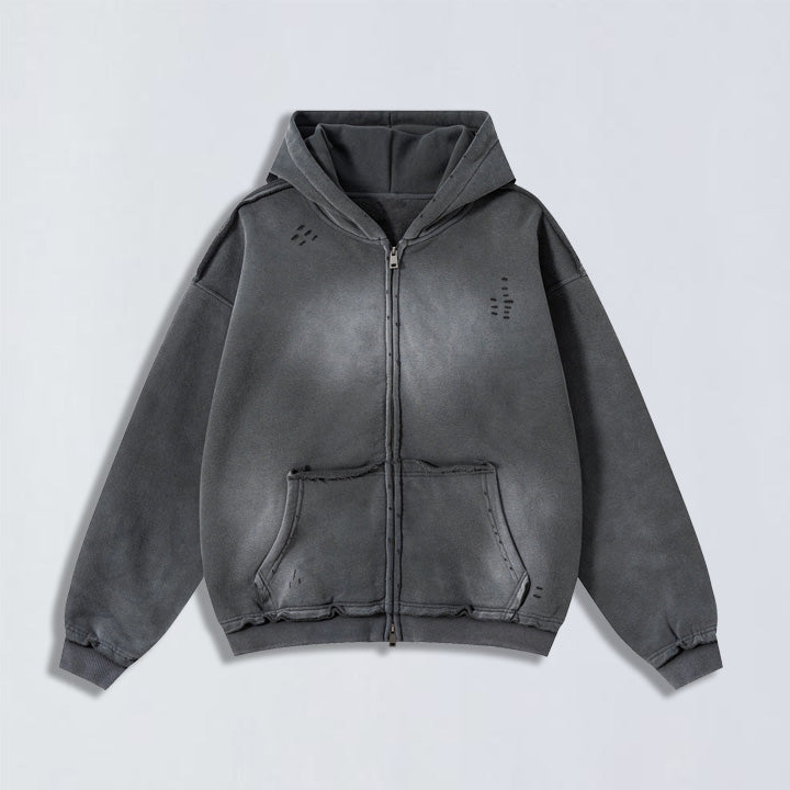 400g Raw edge distress full-zip hoodie