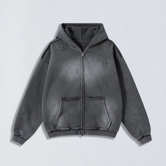 400g Raw edge distress full-zip hoodie
