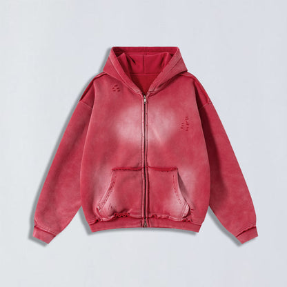 400g Raw edge distress full-zip hoodie