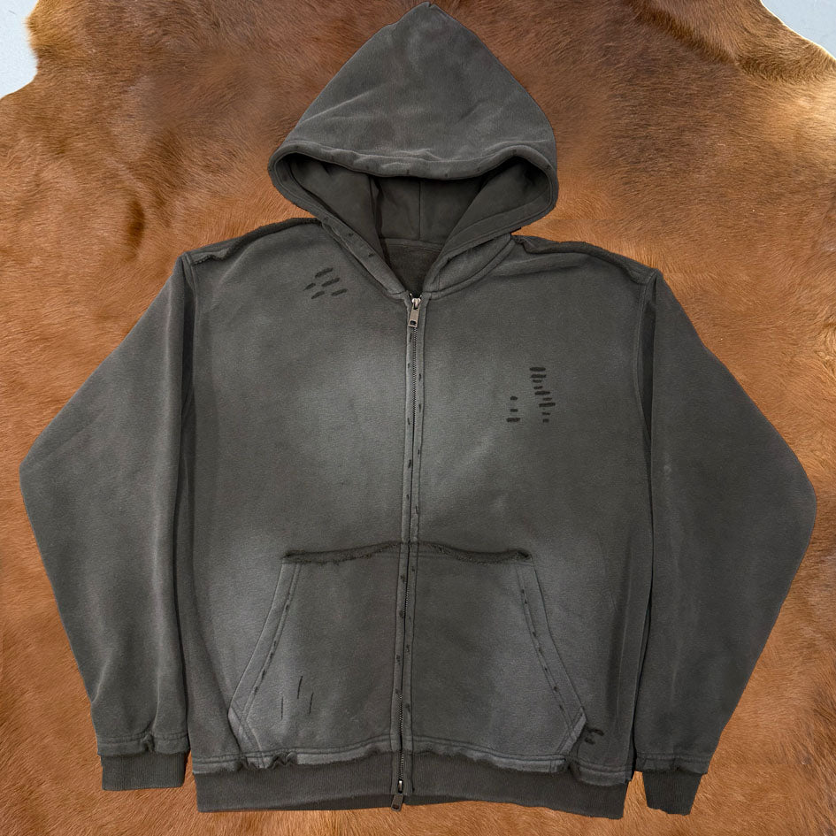 Raw Edge Distress Full-Zip Hoodie
