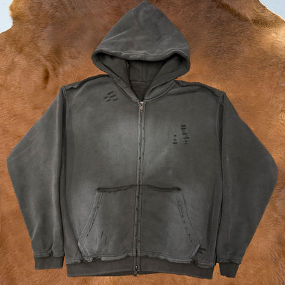 Raw Edge Distress Full-Zip Hoodie